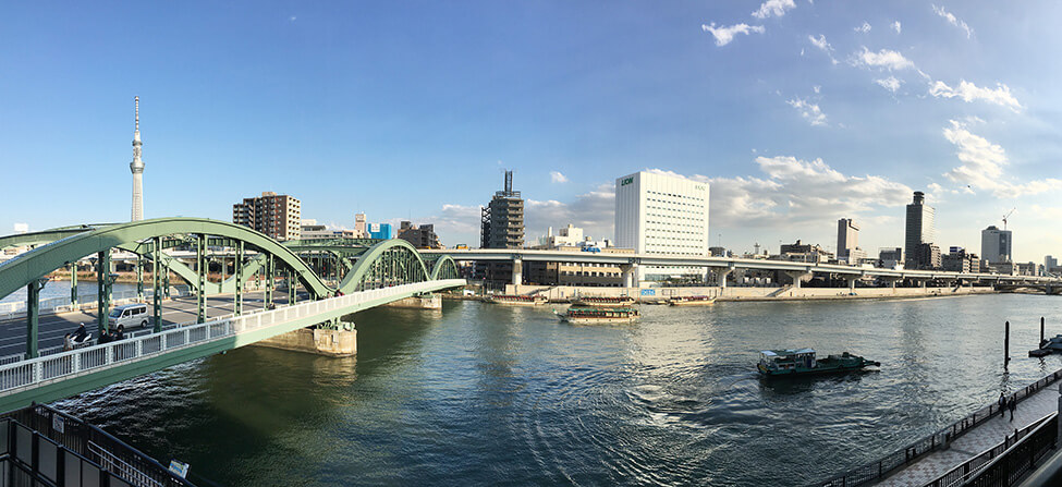 スカイツリーと隅田川テラスを望めるバルコニーからの眺望