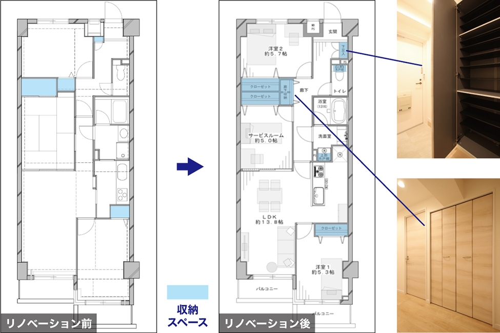 2方向に扉がある洋室