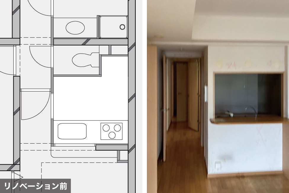 リノベーション前の間取り図とキッチン