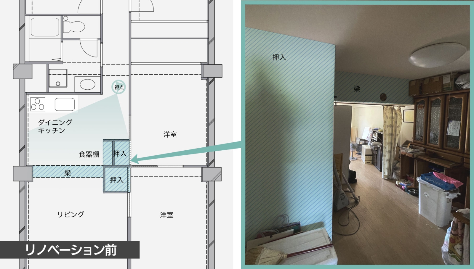 室内で気になる点を記した現況図とリノベ前の写真。光が遮断され暗い印象。